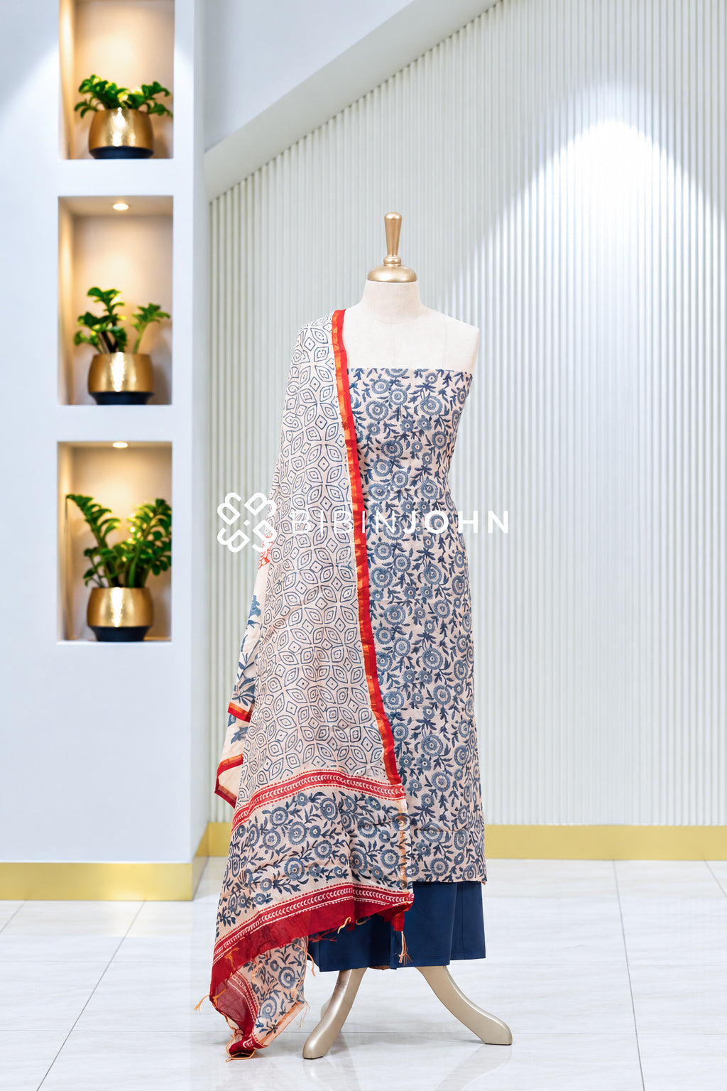 Printed Chanderi Unstitched Salwar Suit Material Ivory White With Navy Blue BJ1970