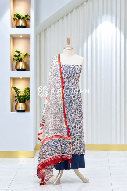 Printed Chanderi Unstitched Salwar Suit Material Ivory White With Navy Blue BJ1970