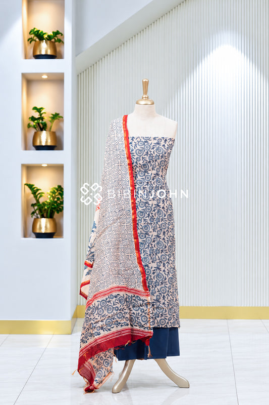 Printed Chanderi Unstitched Salwar Suit Material Ivory White With Navy Blue BJ1970