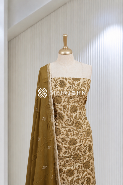 Printed Cotton Unstitched Salwar Suit Material Ivory Cream BJ1927