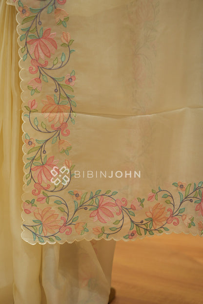 Tissue Organza Embroidery Saree For Women Ivory Cream BJ2660