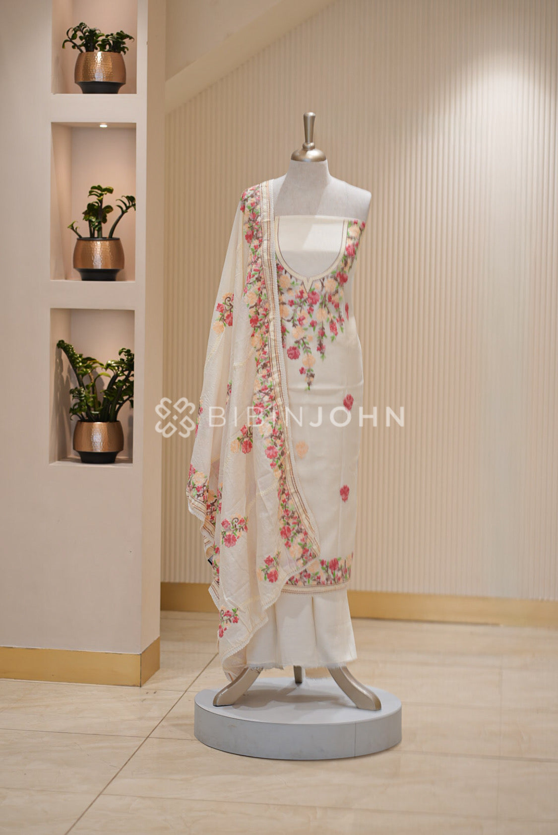 Semi Silk Embroidery Unstitched Salwar Suit Material Ivory 