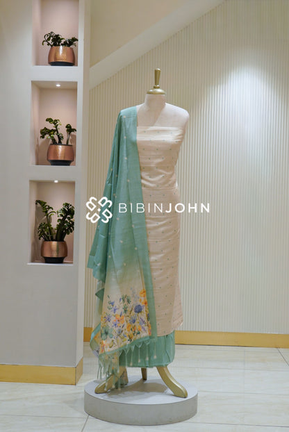 Printed Semi Silk Unstitched Salwar Suit Material Ivory Cream with Sea Green BJ2601