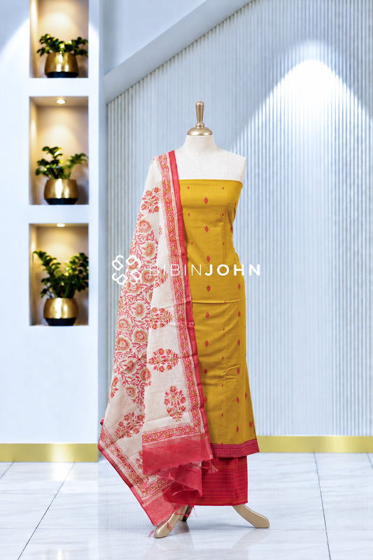 Printed Cotton Unstitched Salwar Suit Material Mustard Yellow BJ1984