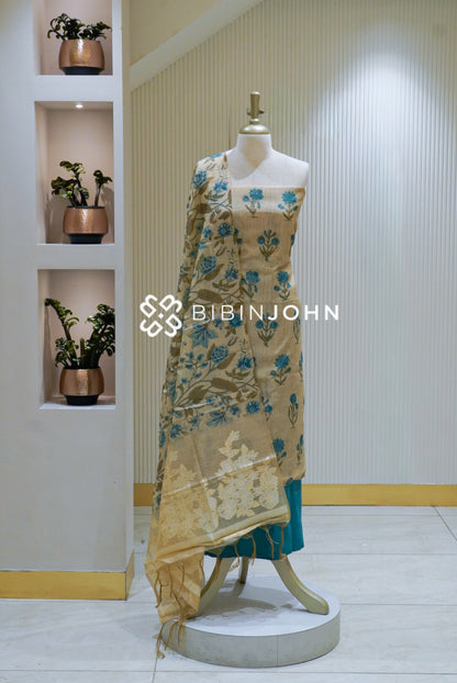 Printed Chanderi Unstitched Salwar Suit Material Soft Beige With Turquoise Blue BJ2529