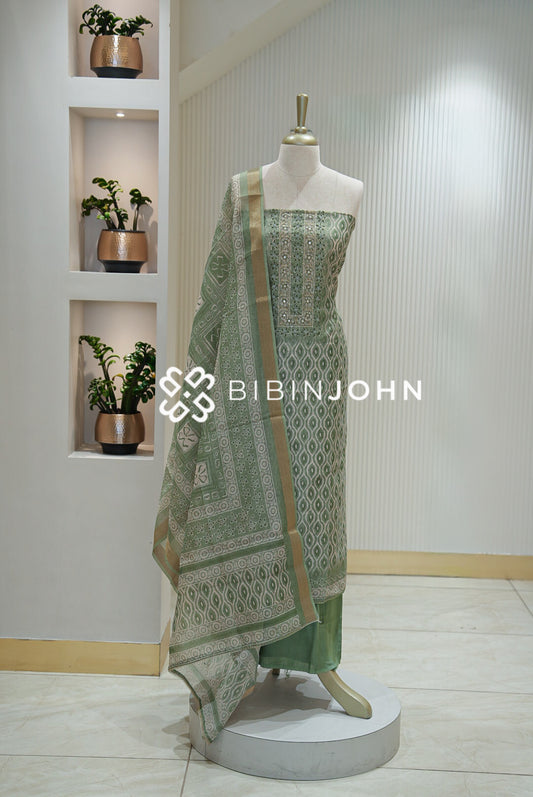 Semi Silk Embroidery Unstitched Salwar Suit Material Sage Green BJ2304