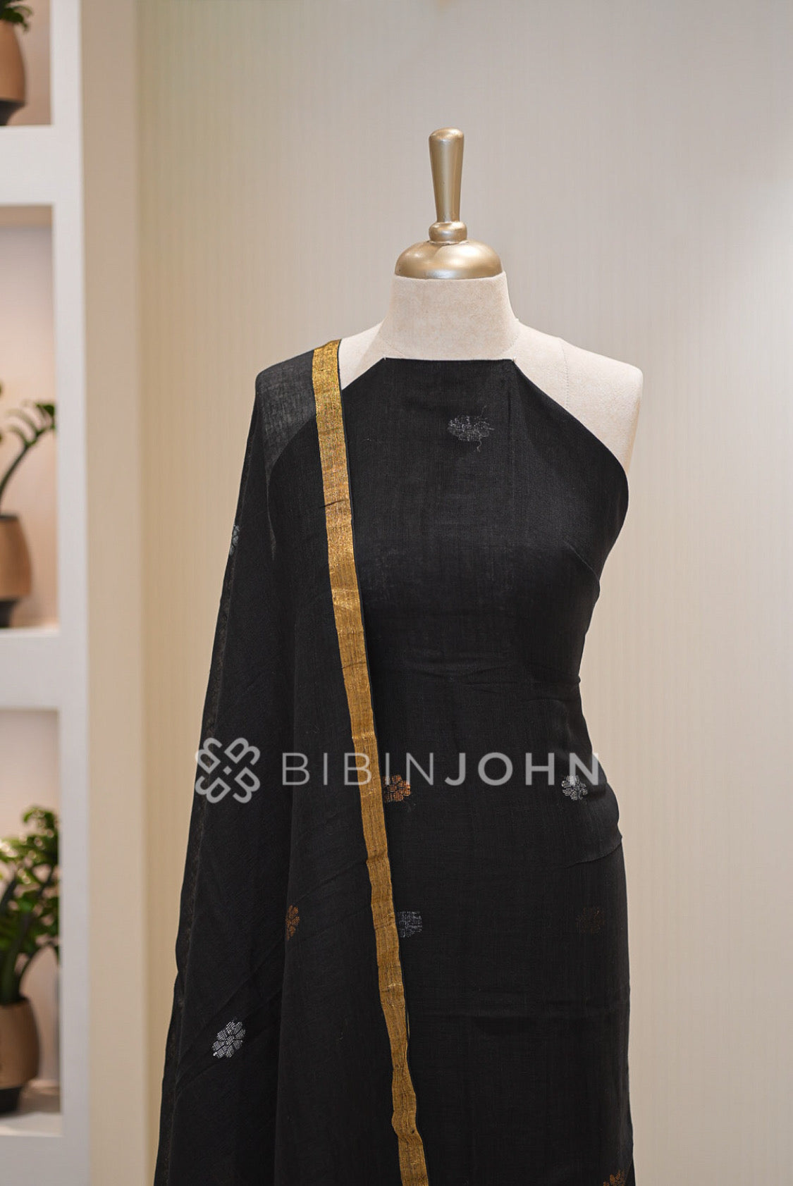 Printed Linen Jamdani Unstitched Salwar Suit Material Black BJ0843