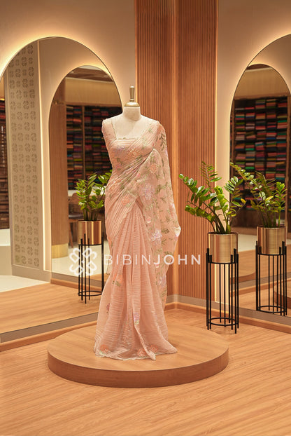 Tissue Organza Embroidery Saree Blush Peach BJ0940
