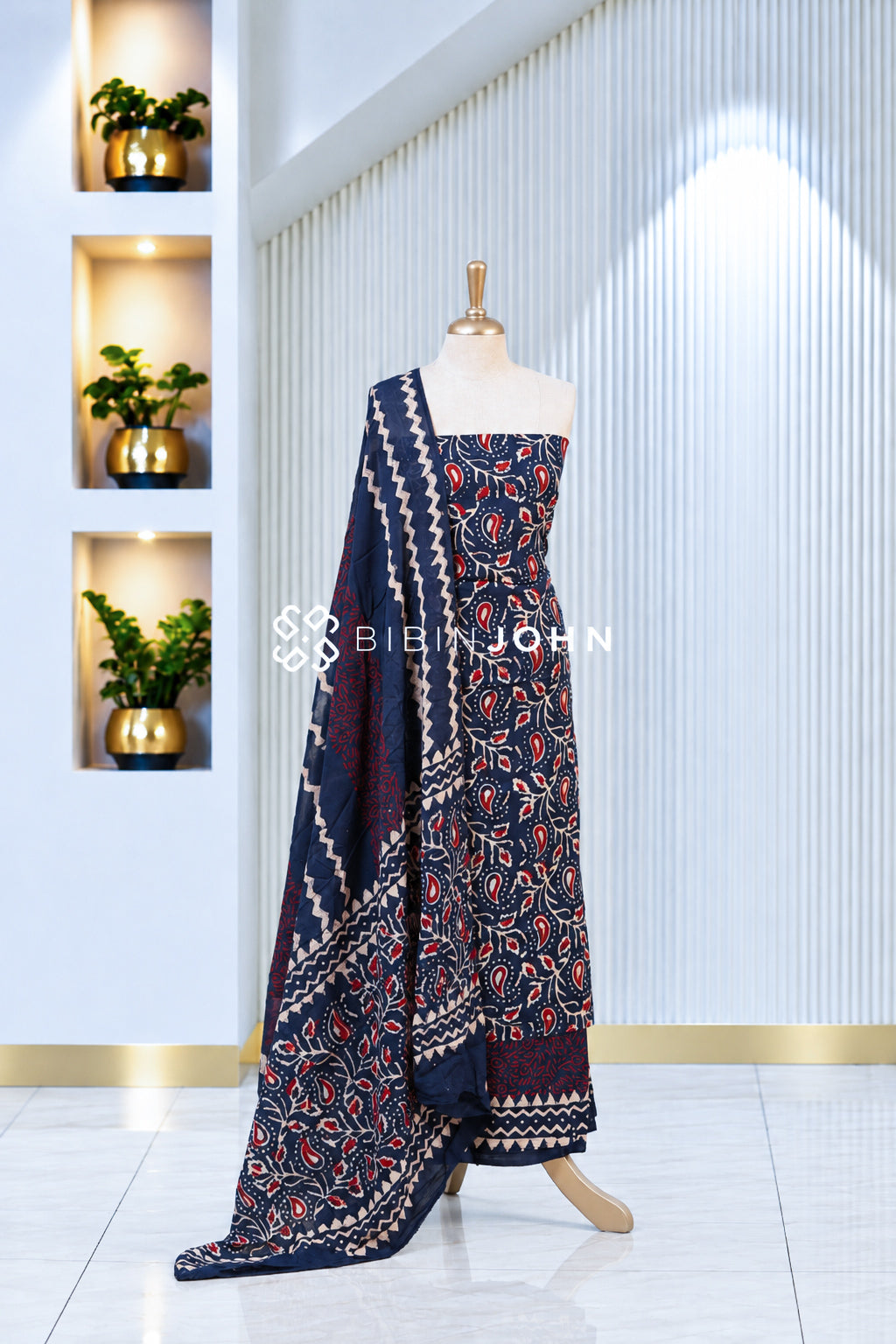 Printed Cotton Unstitched Salwar Suit Material Navy Blue BJ1989