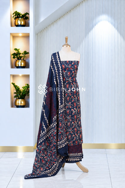 Printed Cotton Unstitched Salwar Suit Material Navy Blue BJ1989