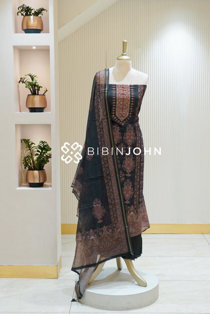Semi Silk Embroidery Unstitched Salwar Suit Material Charcoal Black BJ2848