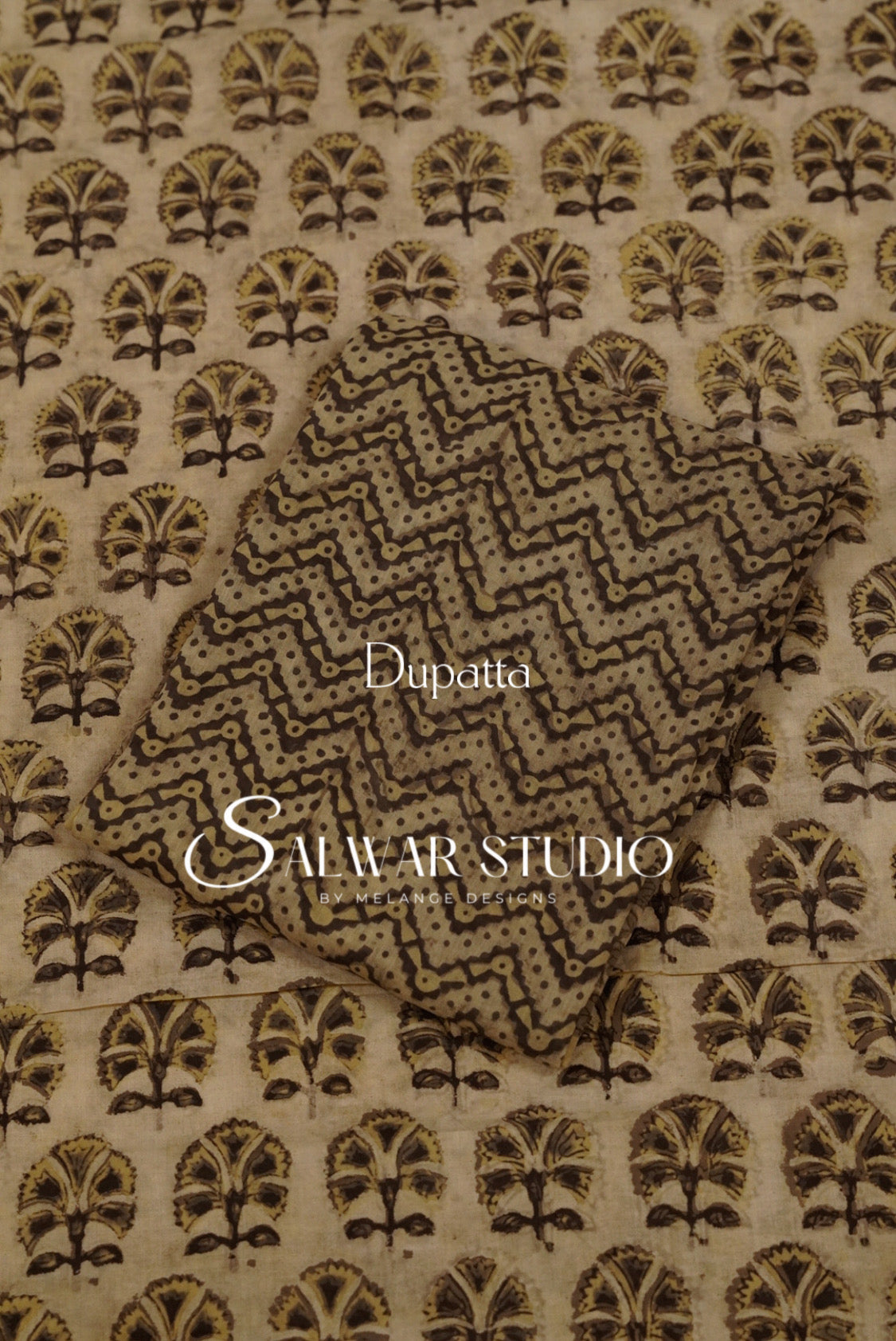 Cotton Ajrakh Unstitched Salwar Suit Material Beige Dupatta.