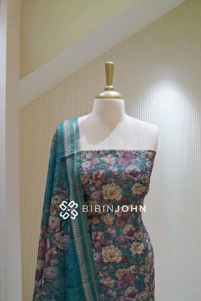 Printed Chanderi Unstitched Salwar Suit Material  Teal Blue BJ2512