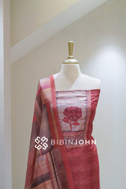 Semi Silk Embroidery Unstitched Salwar Suit Material Dusty Rose Pink BJ2490
