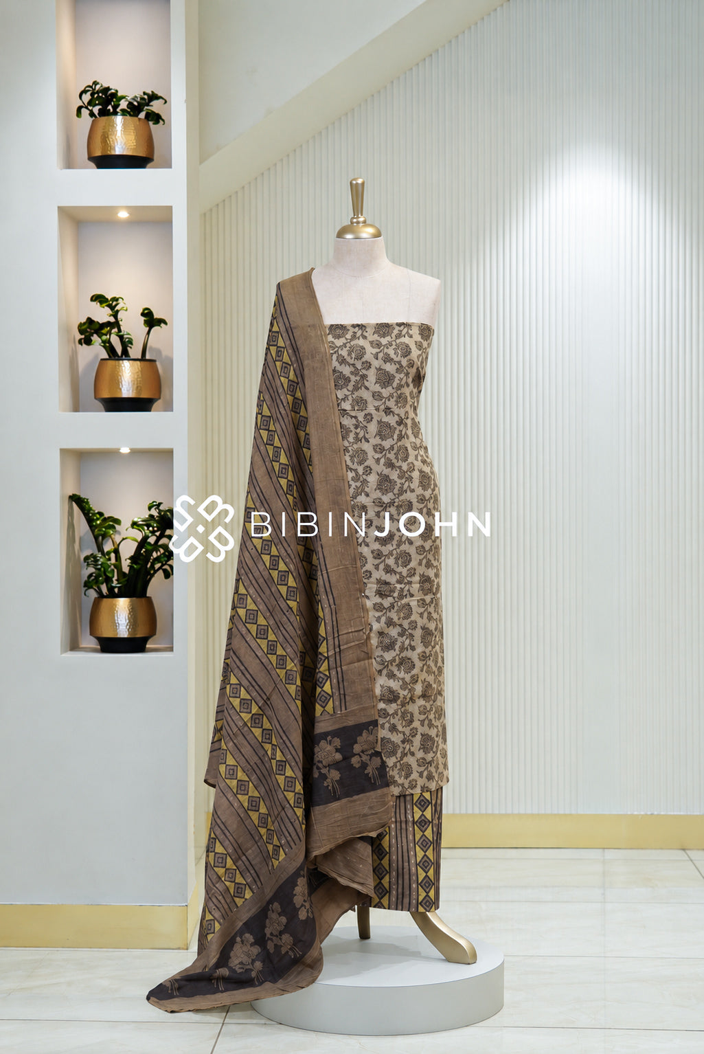 Cotton Ajrak Printed Salwar Suit Material Warm Beige BJ1803