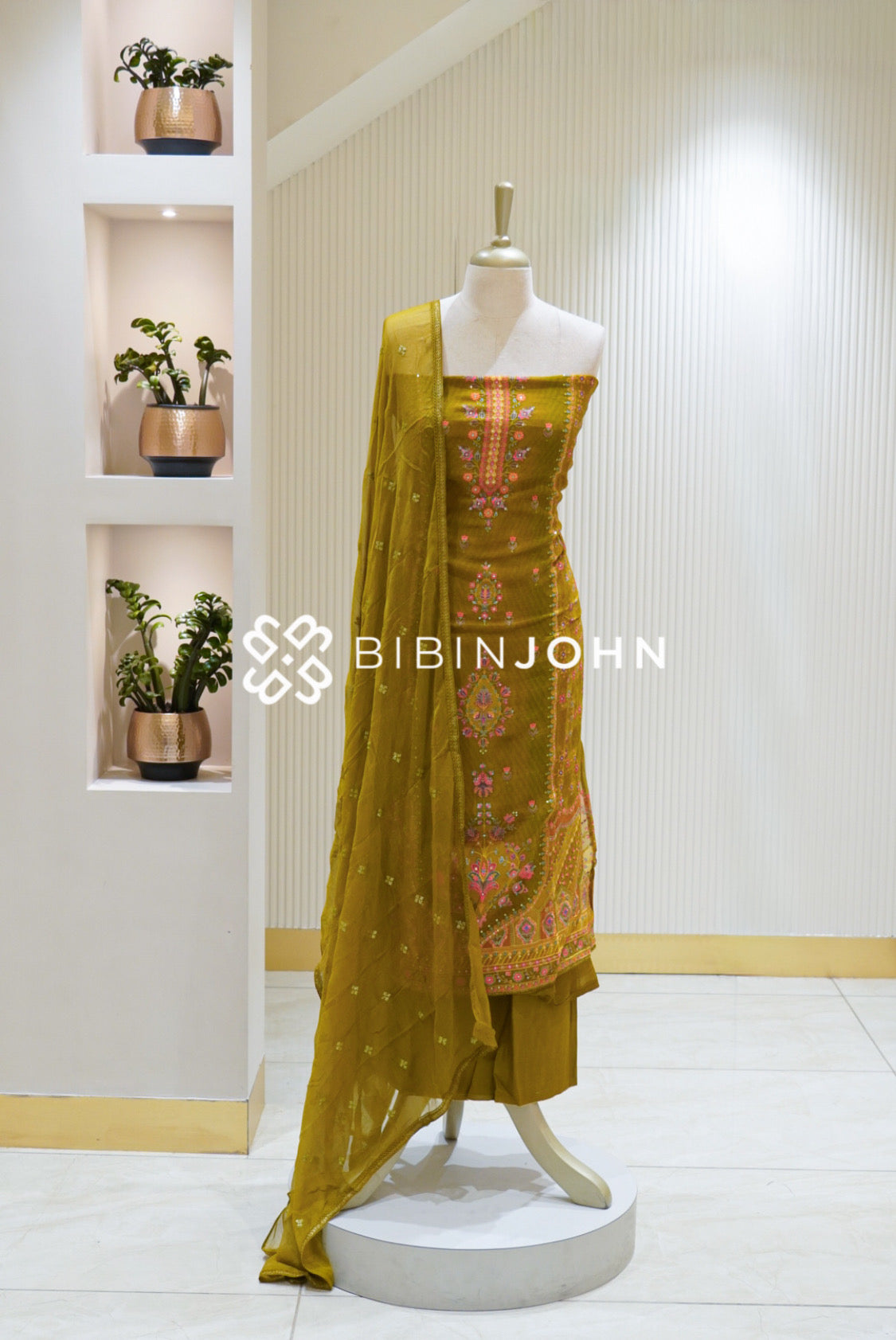 Organza Embroidery Unstitched Salwar Suit Material Mustard Olive BJ1906
