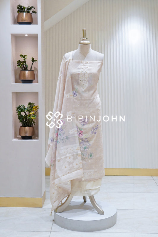 Silk Embroidery Unstitched Salwar Suit Ivory Cream BJ1718