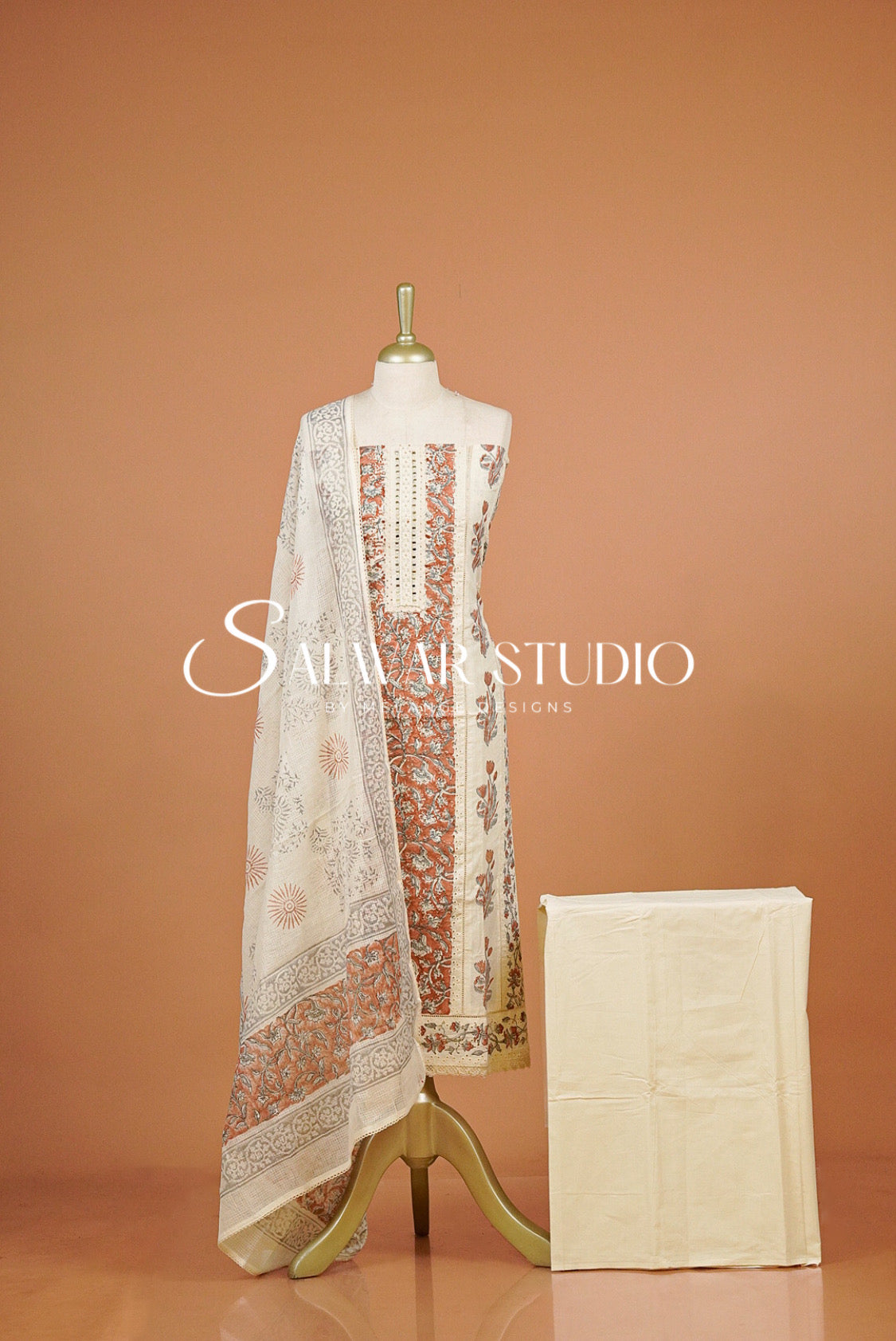 Embroidery Unstitched Salwar Suit Dress Material Off-White With Rust AC0314