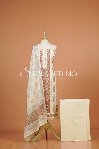 Embroidery Unstitched Salwar Suit Dress Material Off-White With Rust AC0314
