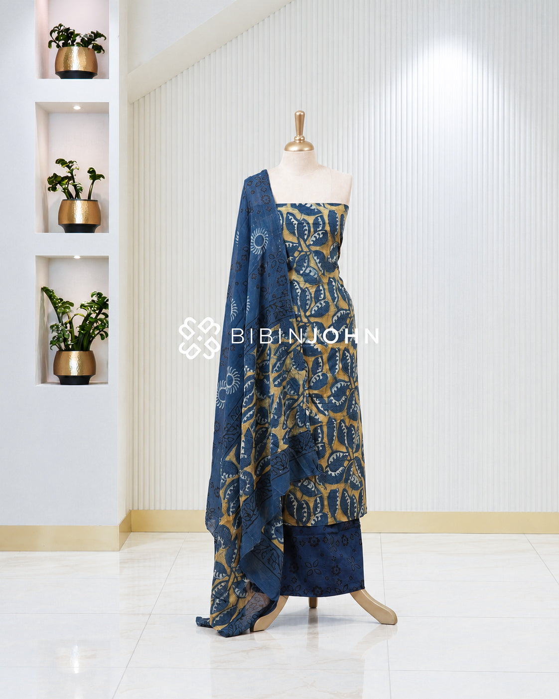 Cotton Ajrakh Unstitched Salwar Suit Material Mustard Yellow With Indigo Blue BJ1829