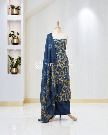 Cotton Ajrakh Unstitched Salwar Suit Material Mustard Yellow With Indigo Blue BJ1829