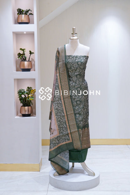 Silk Embroidery Unstitched Salwar Suit Material Forest Green BJ1713