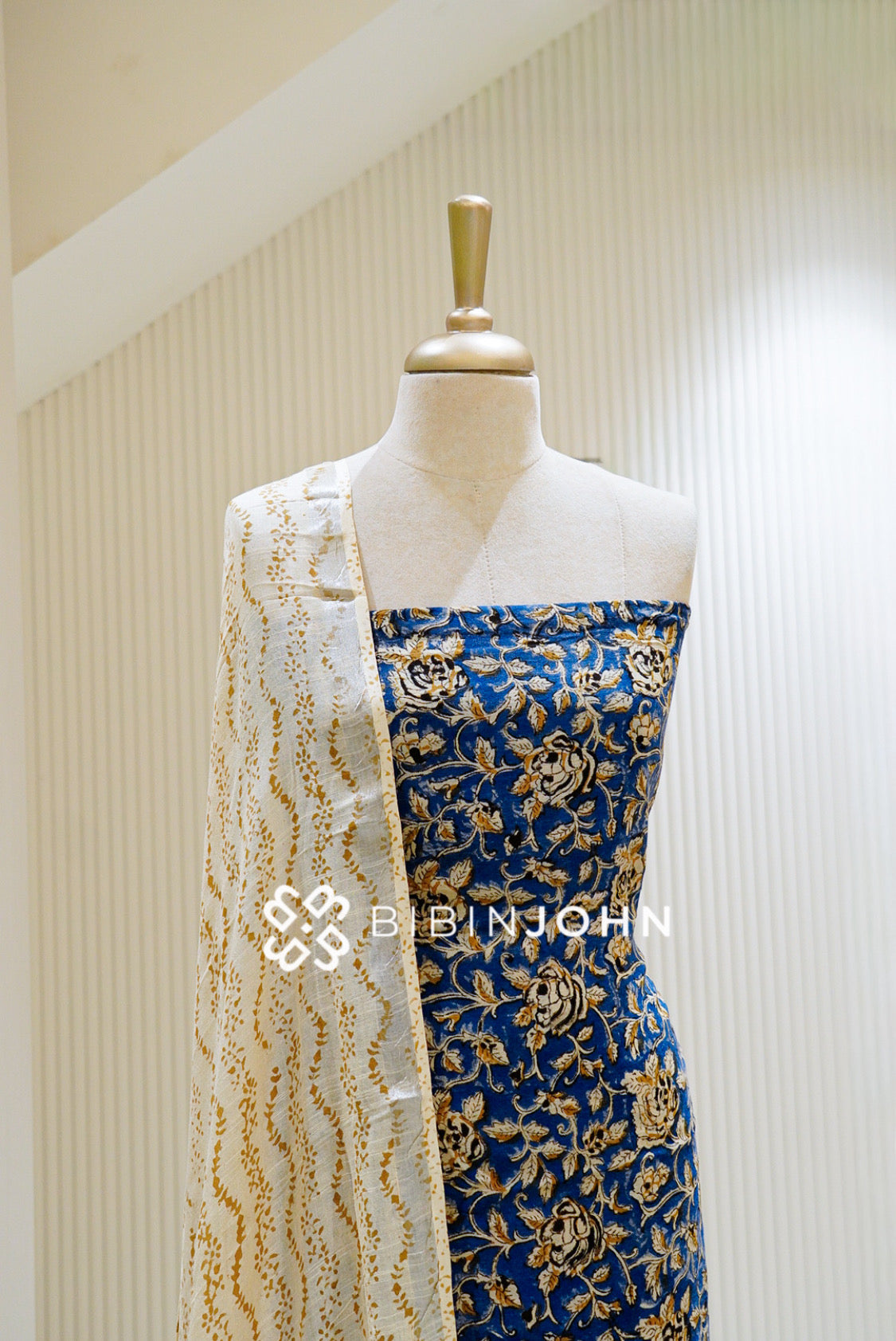 Cotton Linen Block Print Unstitched Salwar Suit Material Royal Blue BJ1125