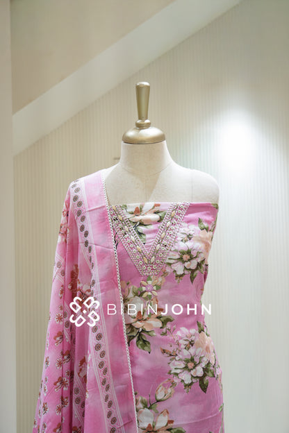 Cotton Embroidery Unstitched Salwar Suit Material Pink BJ2243