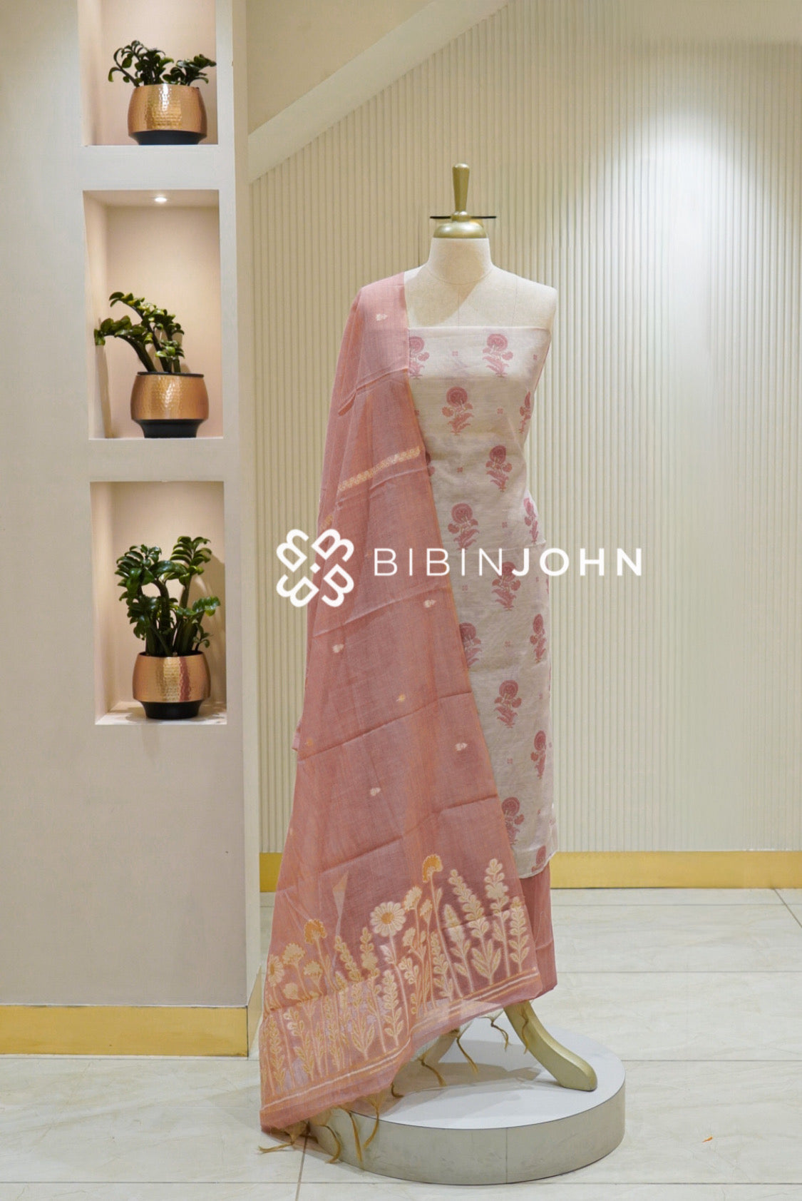 Printed Chanderi Unstitched Salwar Suit Material Off White With Dusty Rose Pink BJ2753