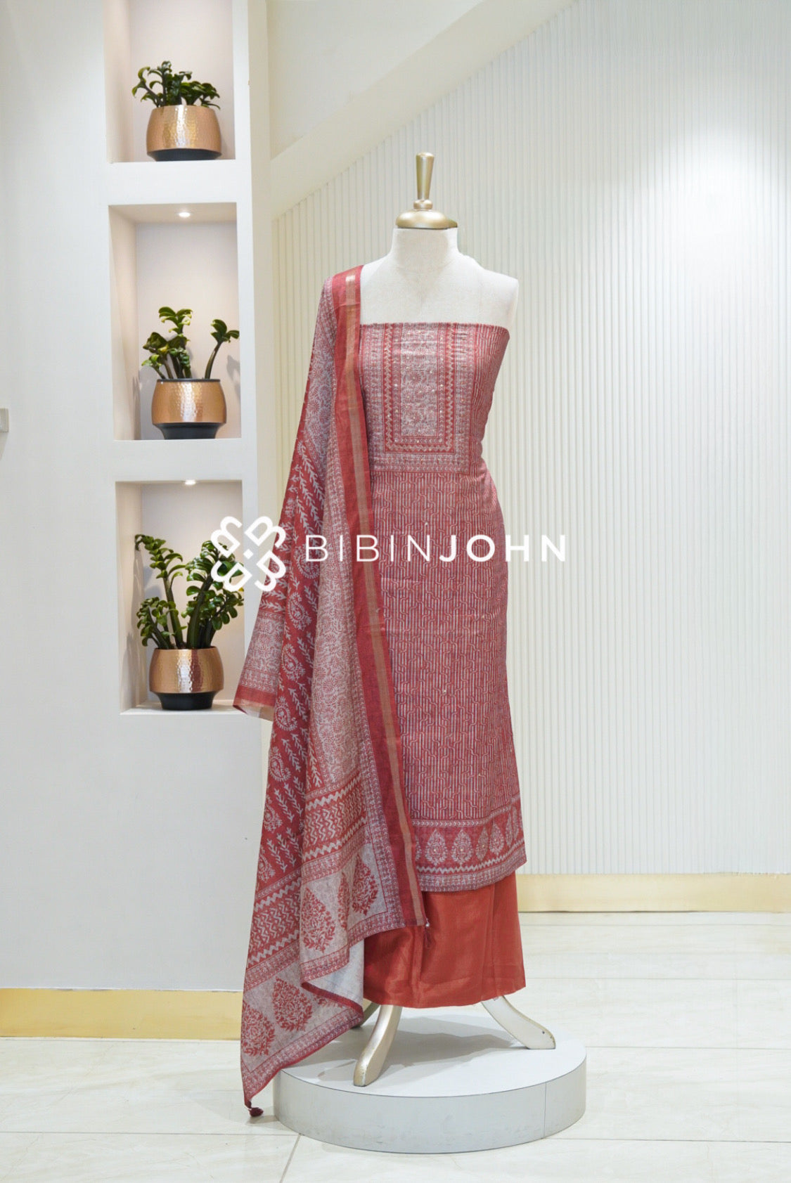 Printed Semi Silk Unstitched Salwar Suit Material Rust Red BJ2358