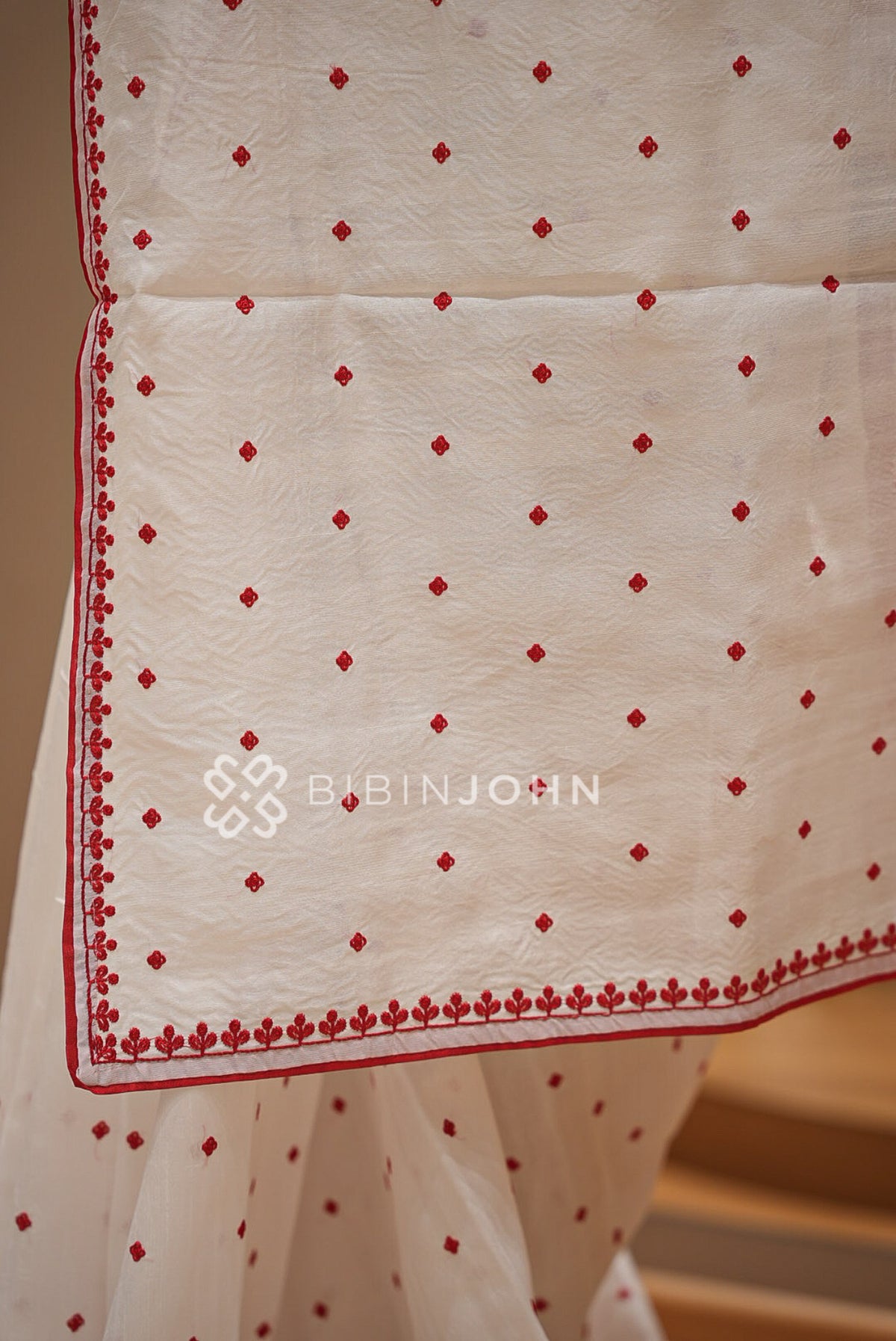 Silk Embroidery Saree Red & White BJ1023