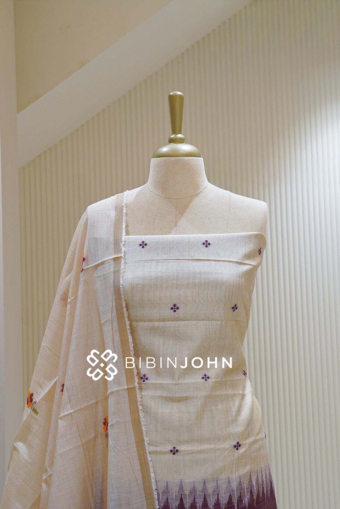 Chanderi Embroidery Weaving Unstitched Salwar Suit Material Ivory Cream With Plum Purple BJ2607