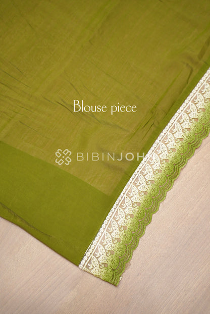 Chanderi Lace Border Saree For Women Olive Green BJ0840