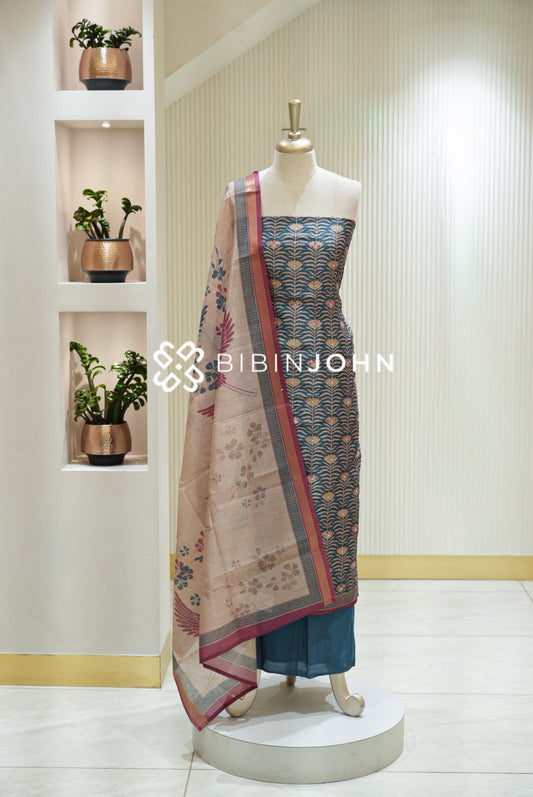 Semi Silk Embroidery Unstitched Salwar Suit Material Deep Teal Blue BJ2172