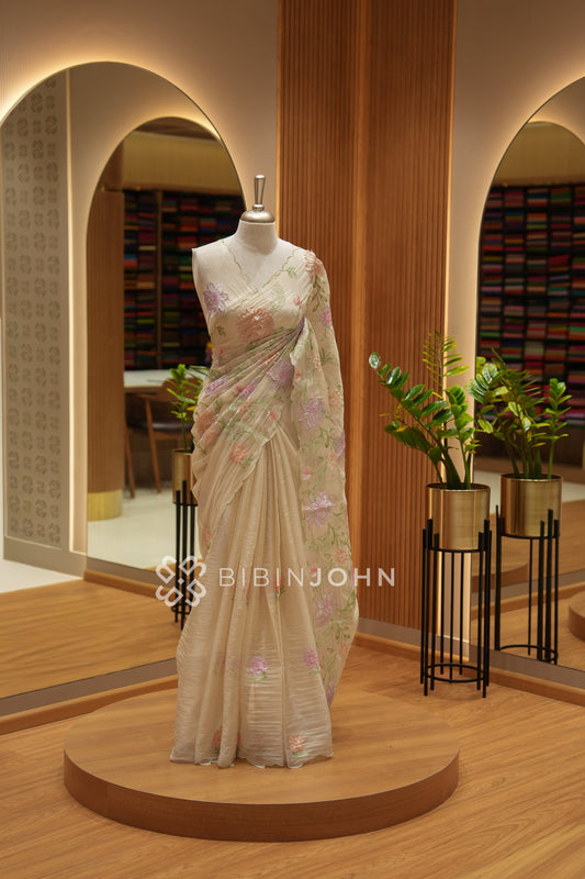 Organza Embroidery Saree For Women Champagne Beige BJ2355