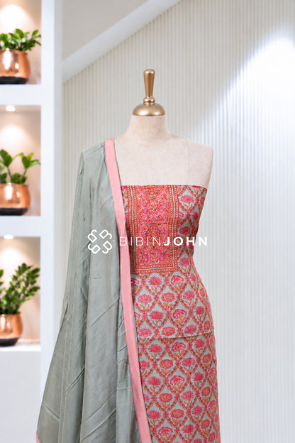 Printed Muslin Unstitched Salwar Suit Material Sage Green With Coral Pink BJ2016