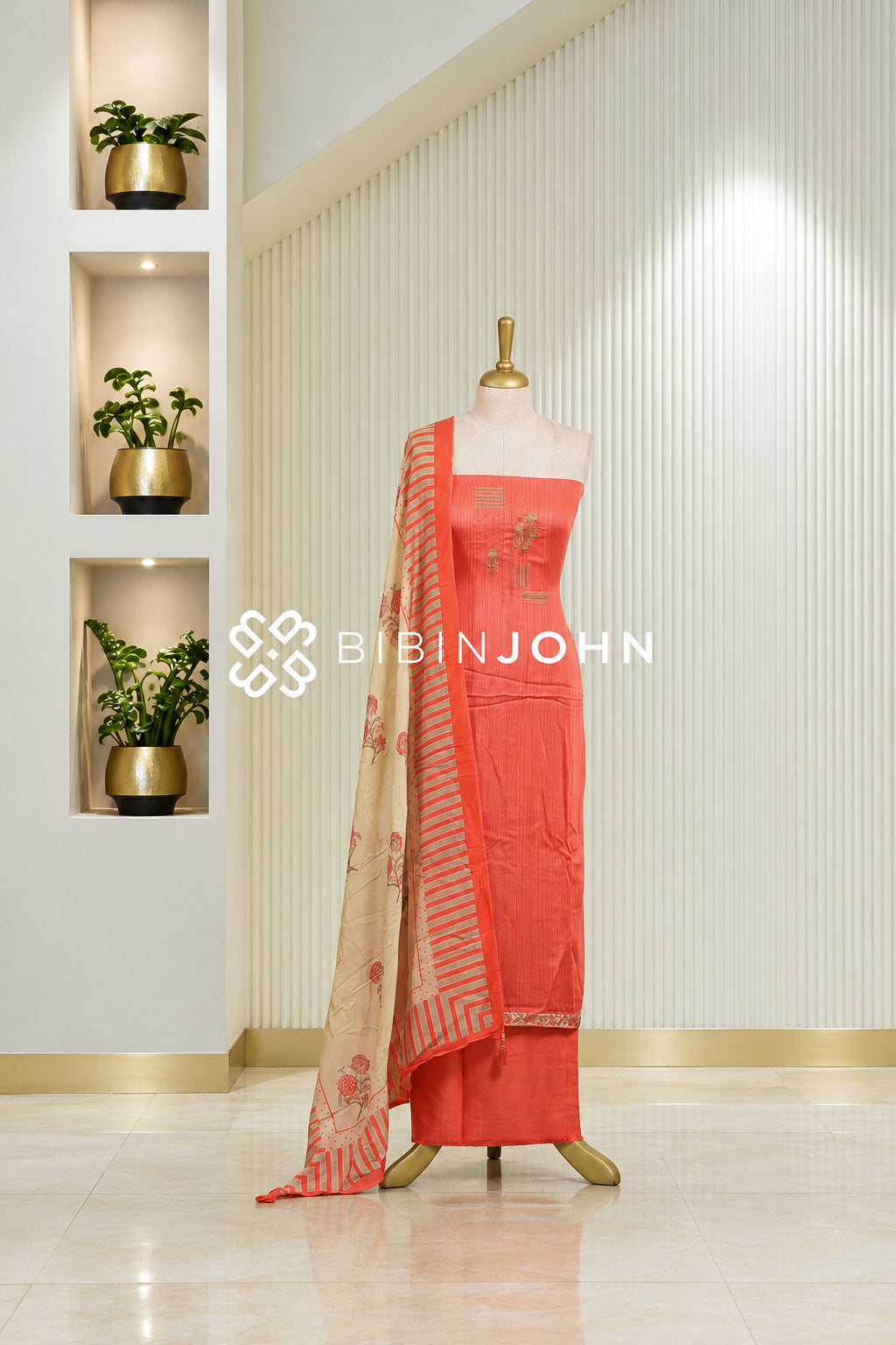Muslin Embroidery Unstitched Salwar Suit Material Coral Orange BJ1836