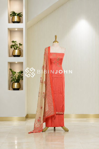 Muslin Embroidery Unstitched Salwar Suit Material Coral Orange BJ1836