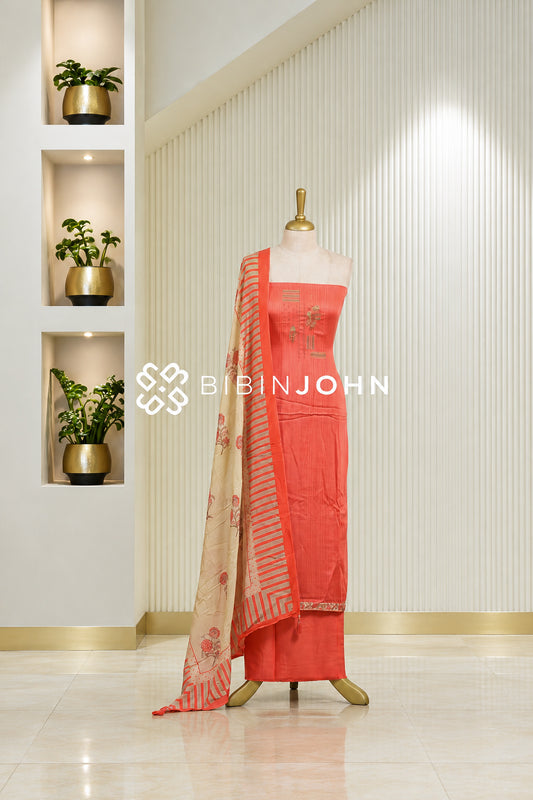 Muslin Embroidery Unstitched Salwar Suit Material Coral Orange BJ1836