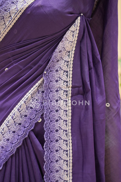 Chanderi Lace Border Saree For Women Deep Purple BJ0839