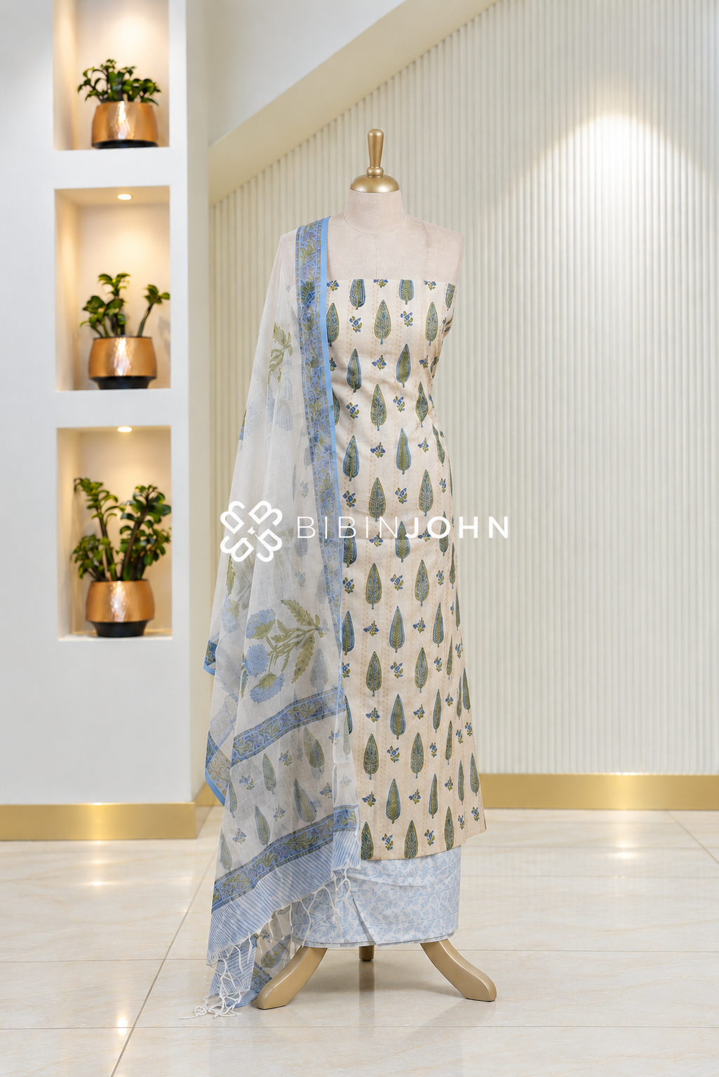 Printed Cotton Unstitched Salwar Suit Material Ivory White with Powder Blue BJ1837