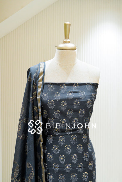 Printed Chanderi Unstitched Salwar Suit Material Dark Gray BJ1116