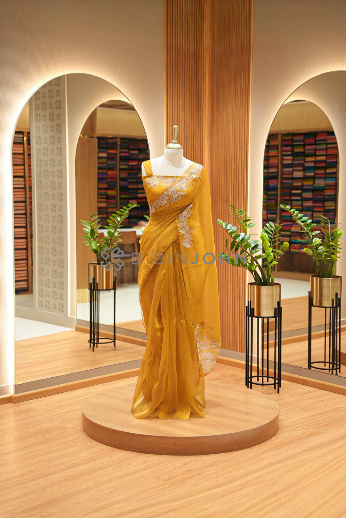 Tissue Organza Embroidery Saree For Women Mustard Gold