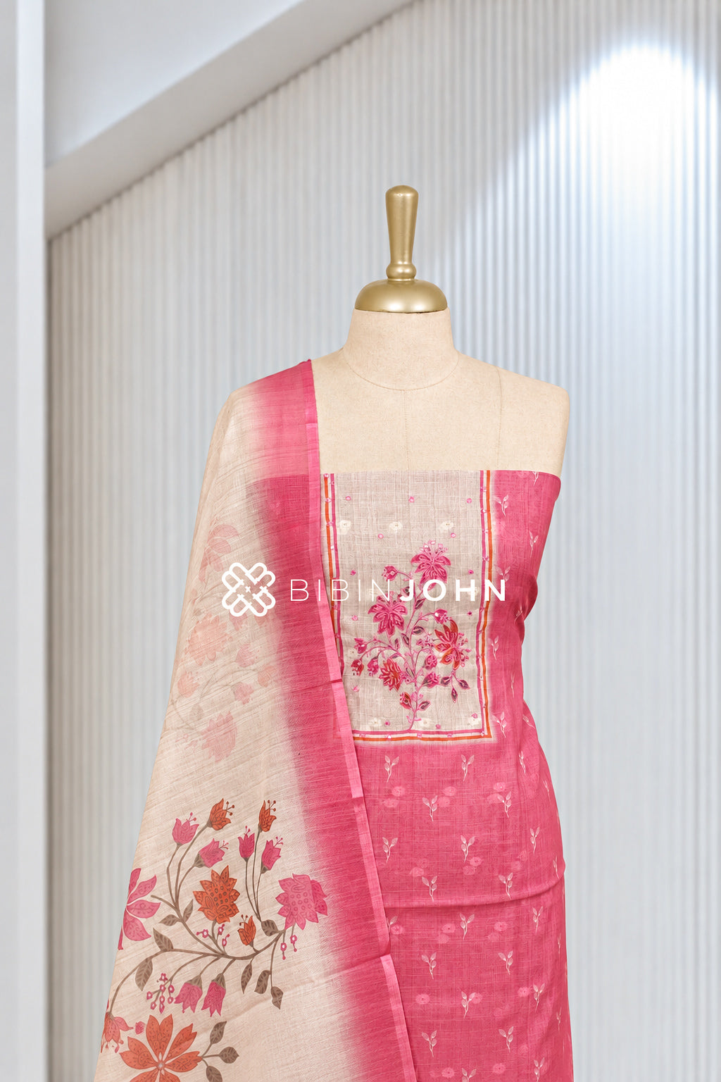 Chanderi Embroidery Unstitched Salwar Suit Material Rose Pink BJ2077