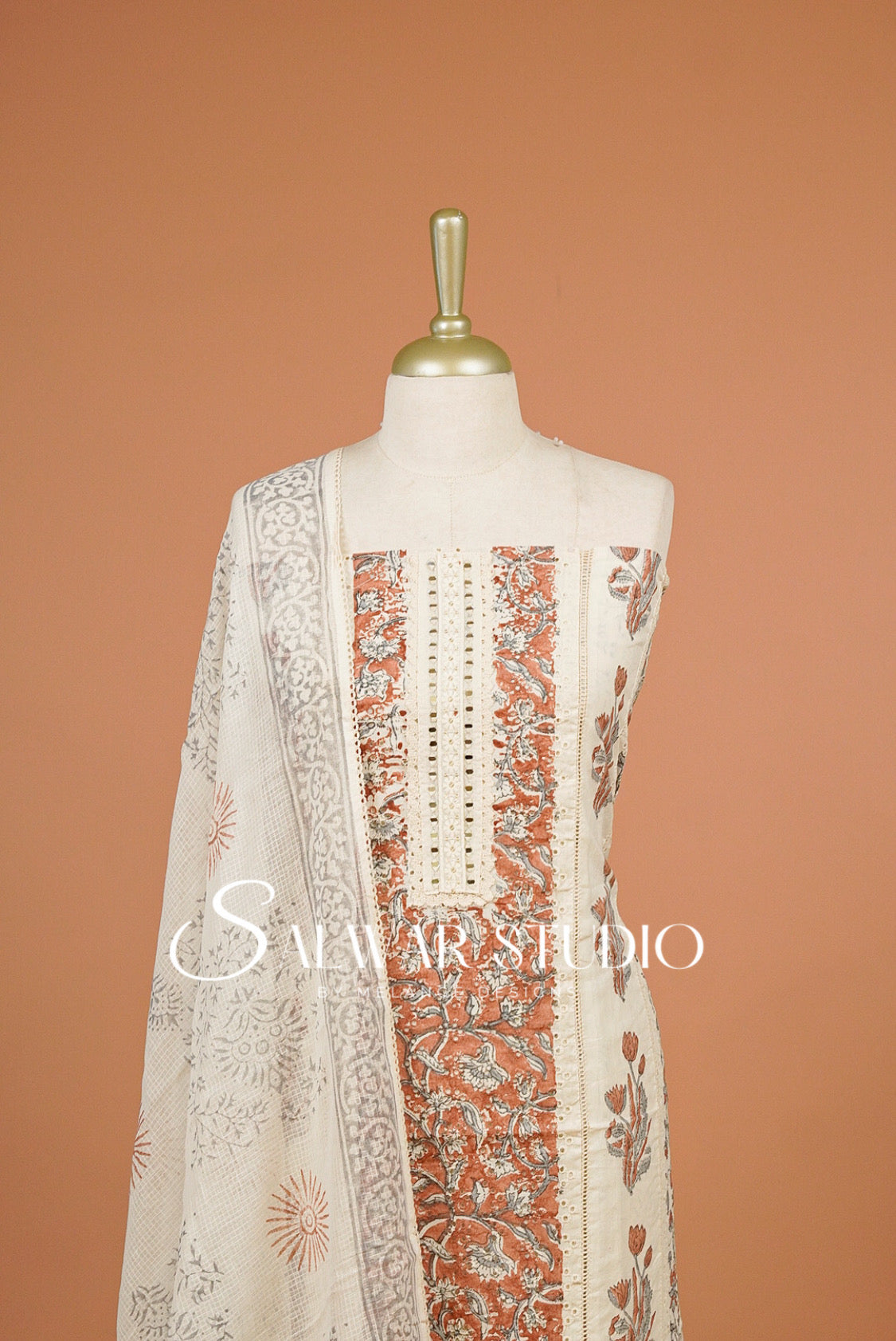 Embroidery Unstitched Salwar Suit Dress Material Off-White With Rust AC0314
