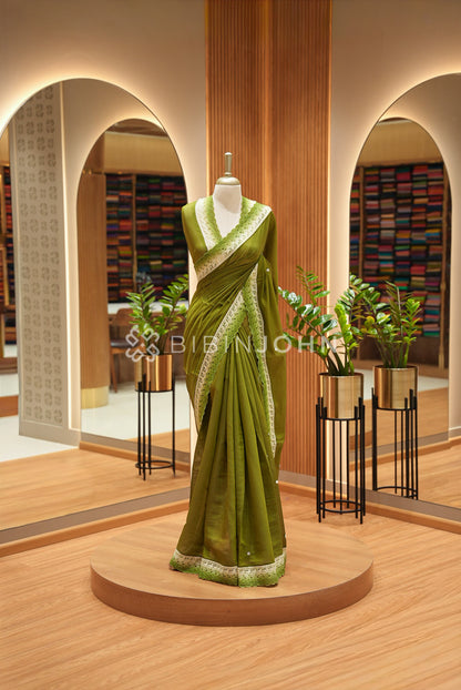 Chanderi Lace Border Saree For Women Olive Green BJ0840