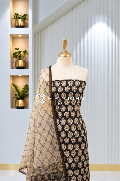 Printed Cotton Unstitched Salwar Suit Material Black With Beige BJ1964