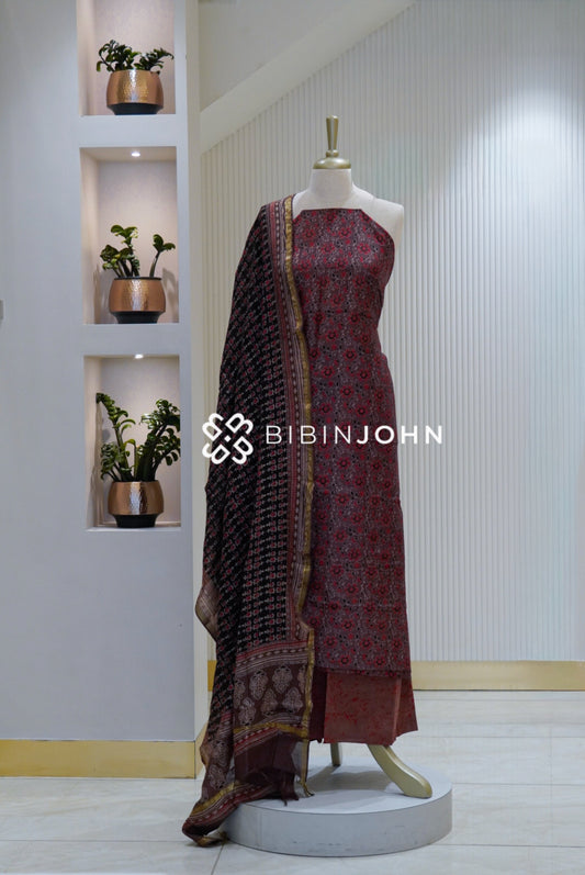 Cotton Printed Unstitched Salwar Suit Material Maroon & Black BJ2124