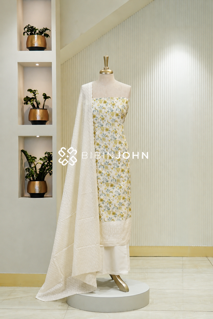 Cotton Embroidery Unstitched Salwar Suit Material Off White BJ1792