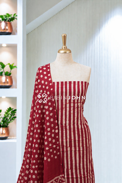 Printed Cotton Unstitched Salwar Suit Material Wine Red With Cream BJ2000
